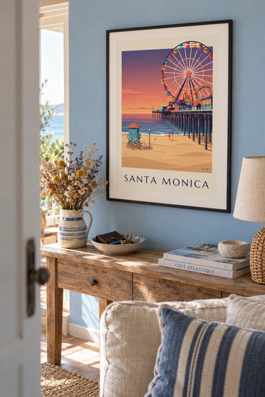 Poster pier van Santa Monica bij zonsondergang: ingelijst aan de muur