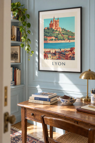 Poster of the Saône quays and the Fourvière funicular in Lyon: framed on the wall