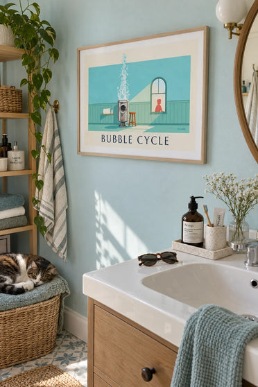 Poster of a front-loading washing machine and soap bubbles: framed on the wall