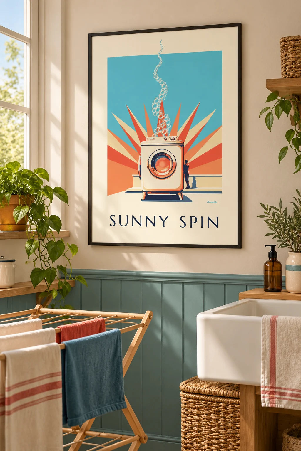 Bijkeuken: sfeerbeeld van Poster wasmachine met patrijspoort en pastelkleurige zonnestralen