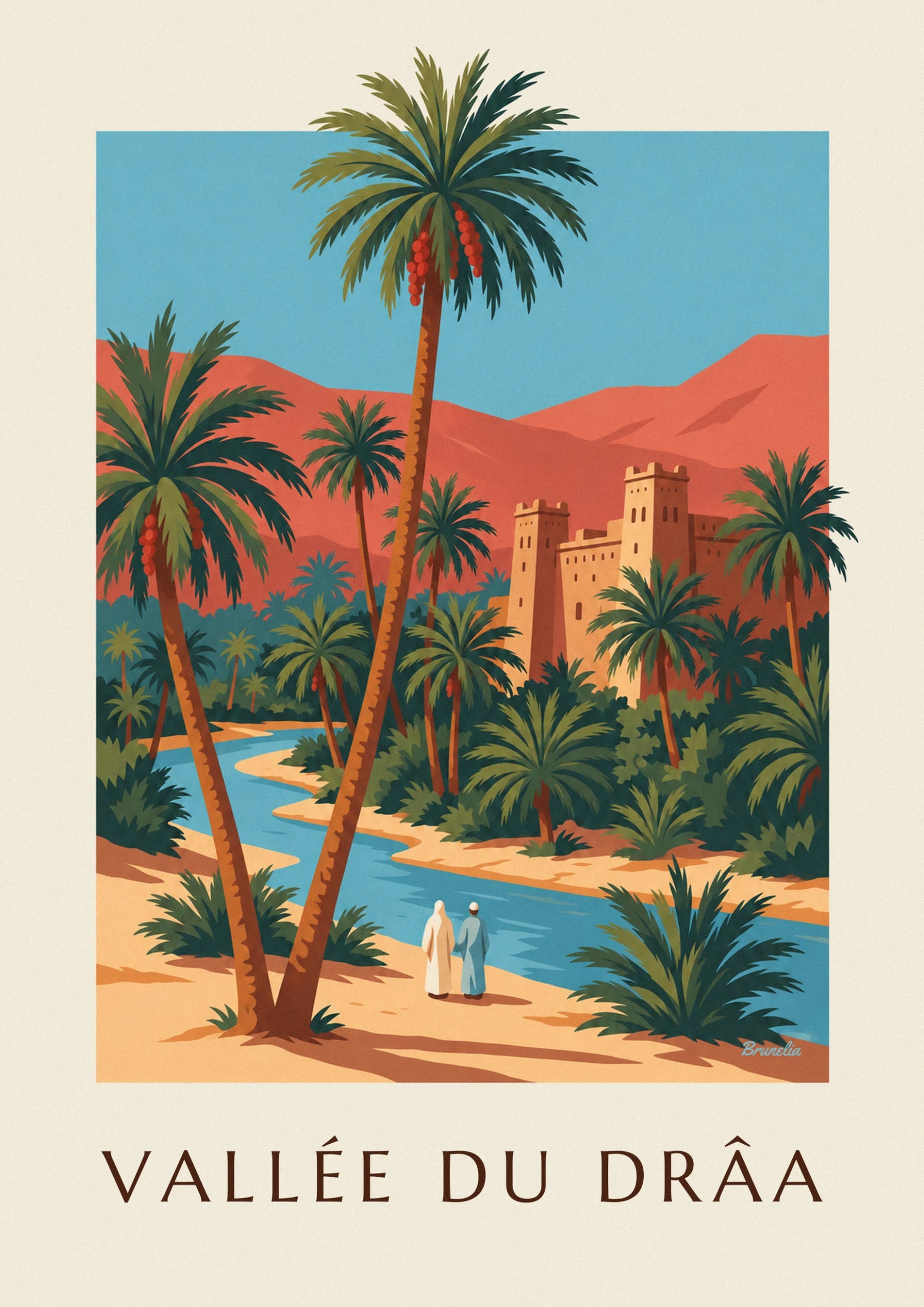 De kasbah van stampleem met 2 getande torens, aan de voet van de rode bergen