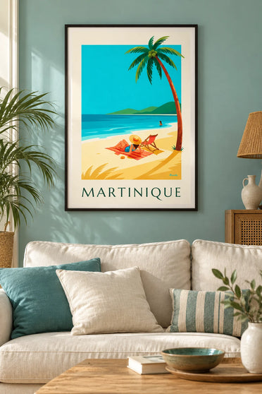 Poster vrouw op een wit zandstrand op Martinique : ingelijst aan de muur