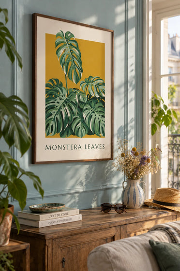 Poster monsterabladeren in een weelderig boeket: ingelijst aan de muur