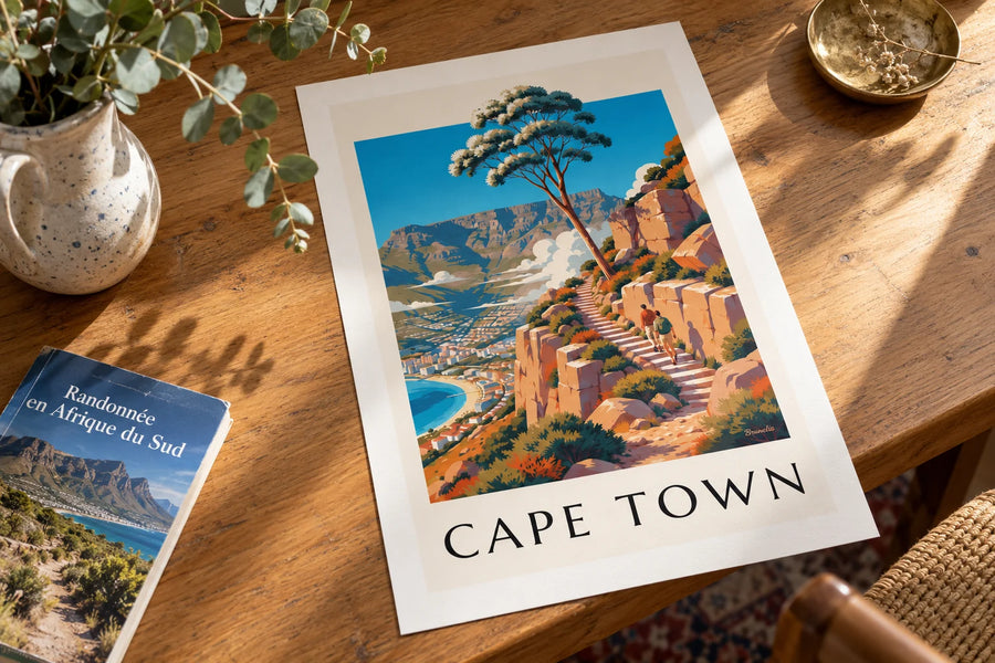 Poster wandeling op de Tafelberg bij Kaapstad: op een tafel