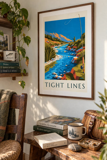 Poster vliegvismolen aan de rivieroever: ingelijst aan de muur