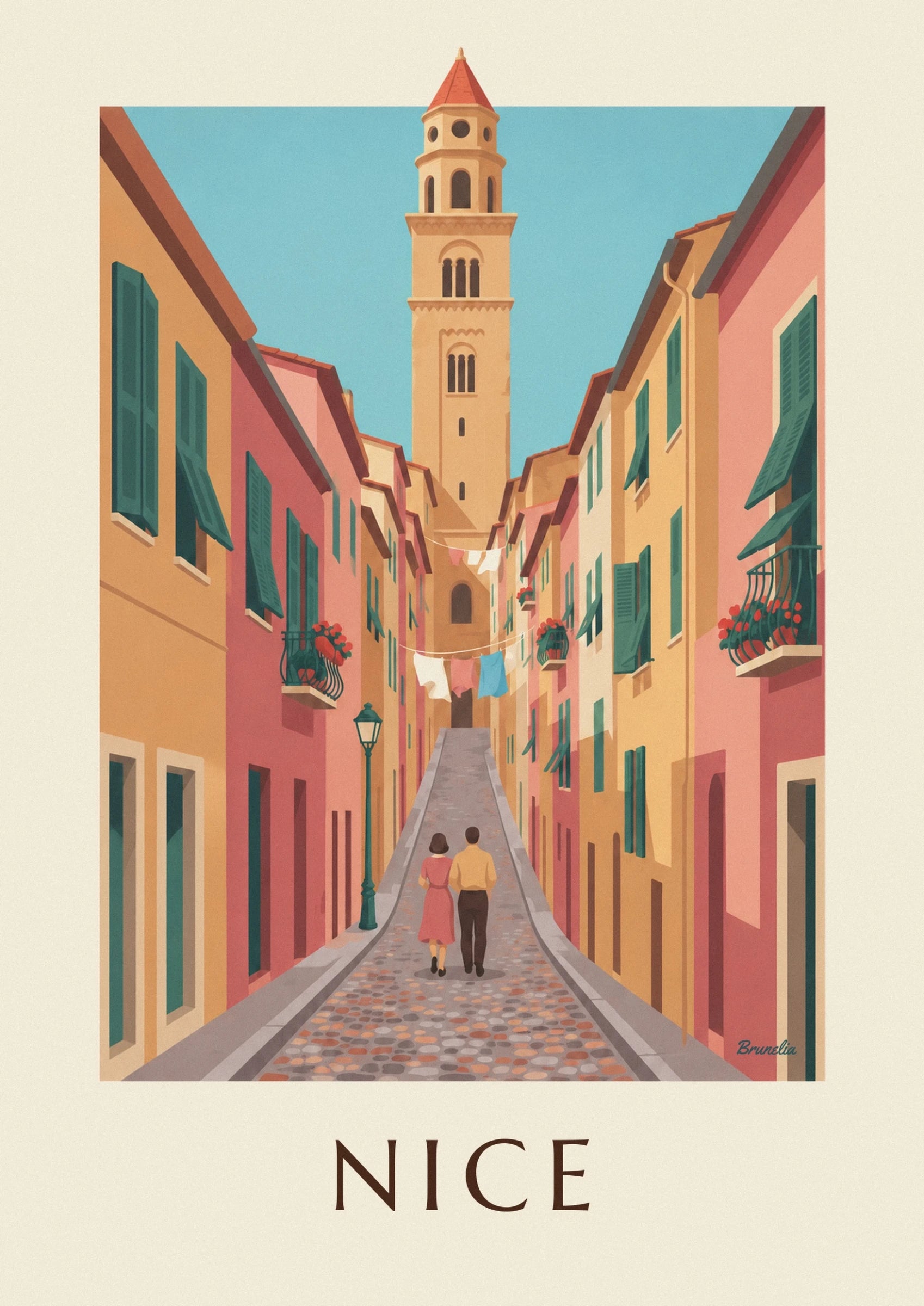 Le clocher ocre de Sainte-Réparate au-dessus des façades colorées du Vieux-Nice