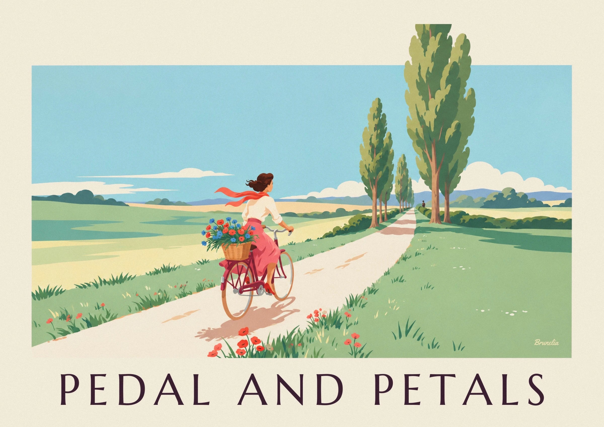 De fietsster in een roze rok en rode sjaal, met een mandje bloemen achterop haar fiets