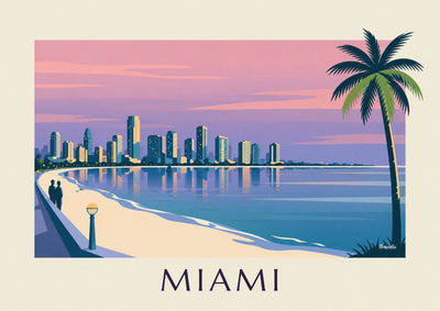 Poster wolkenkrabbers en palmbomen van Miami in de schemering: de hele poster