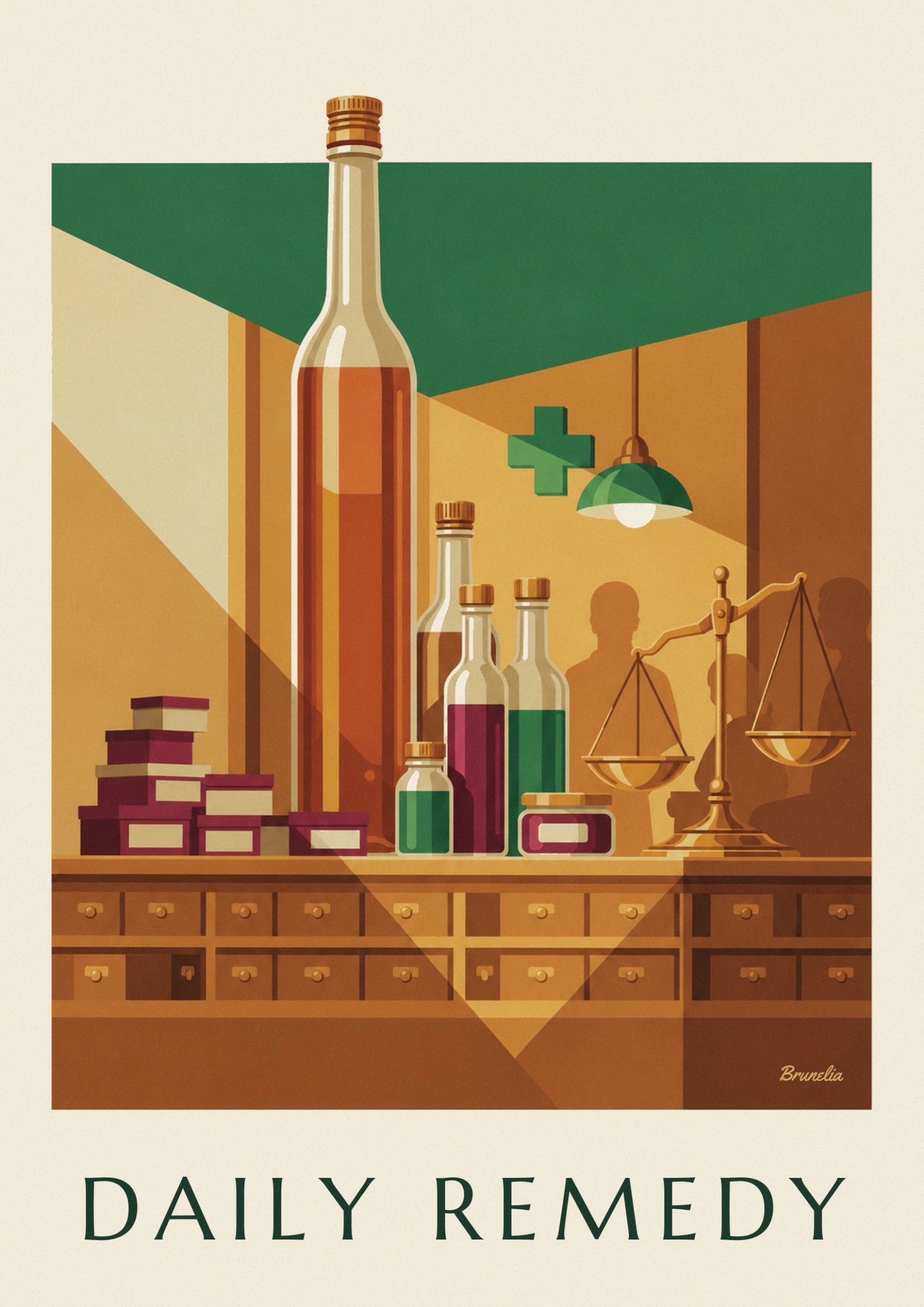 Een grote amberkleurige fles met crèmekleurige highlights, naast een fles met een gouden stop