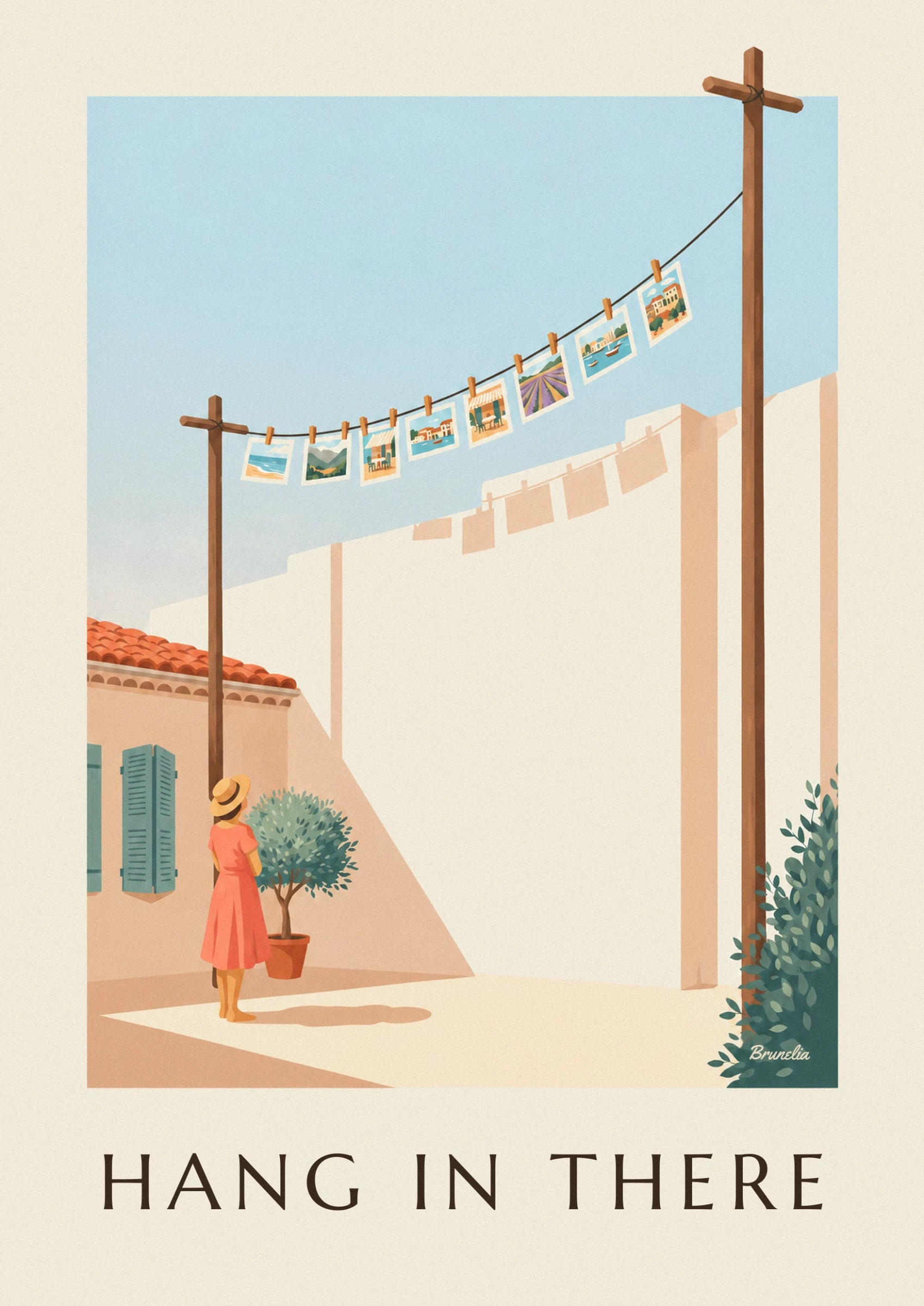 A woman in a coral dress and straw hat, seen from behind in front of a potted olive tree and teal shutters