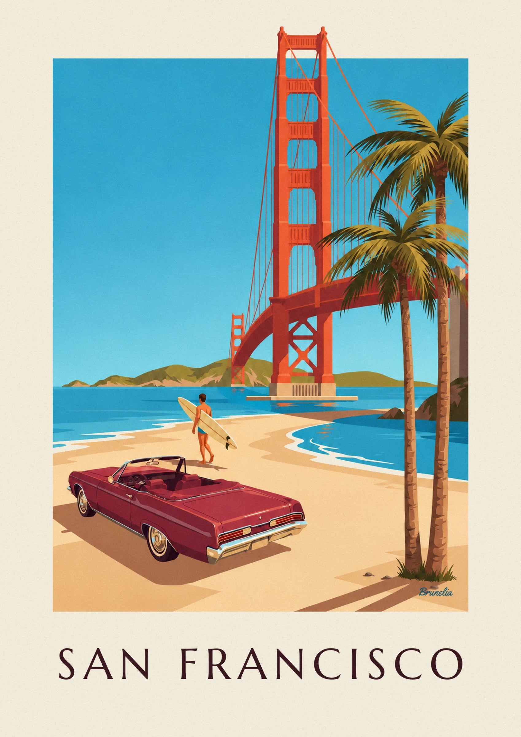 The surfer and his cream board in front of the burgundy convertible on the beach