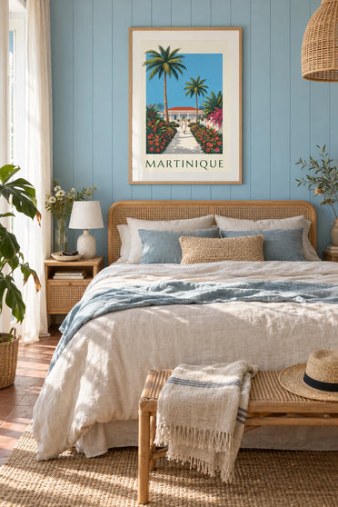 Poster palmenlaan en Creools huis op Martinique: ingelijst aan de muur