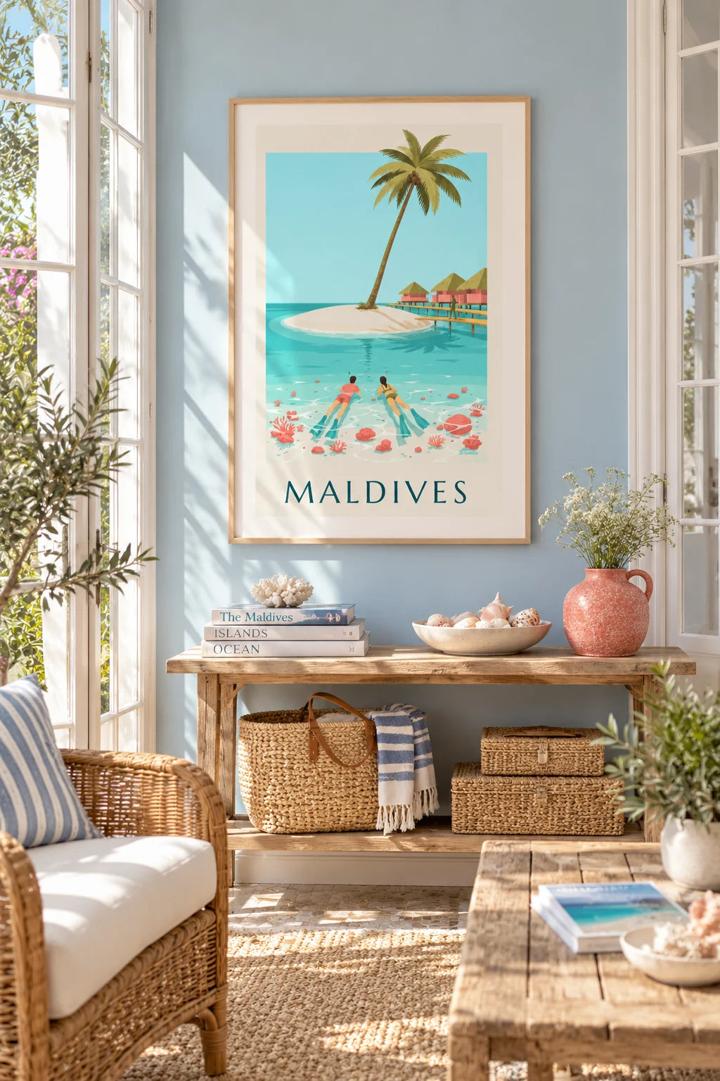 Maldives snorkelers above lagoon coral poster on the wall