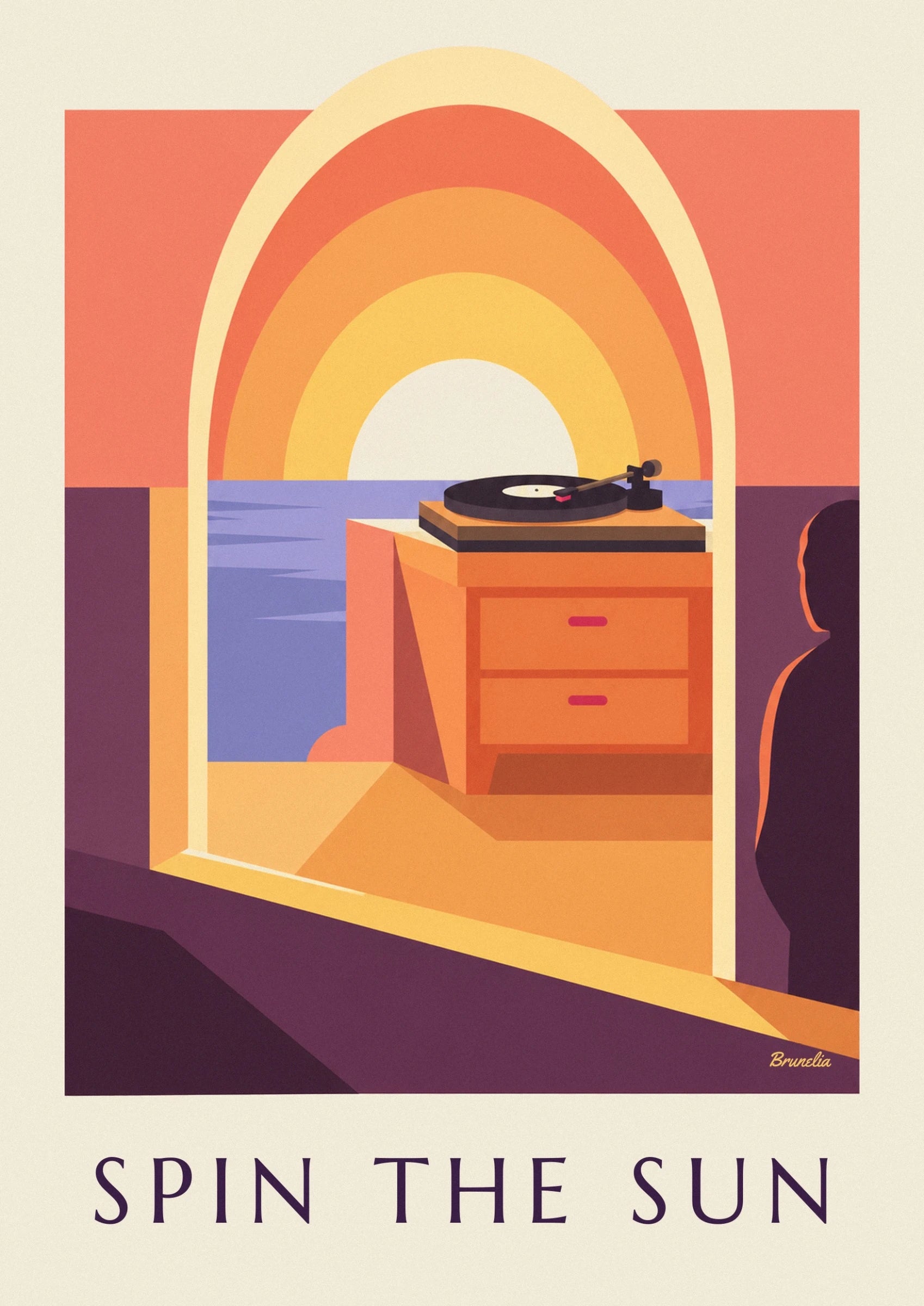 La platine et son disque noir sur un meuble orangé, devant le soleil couchant