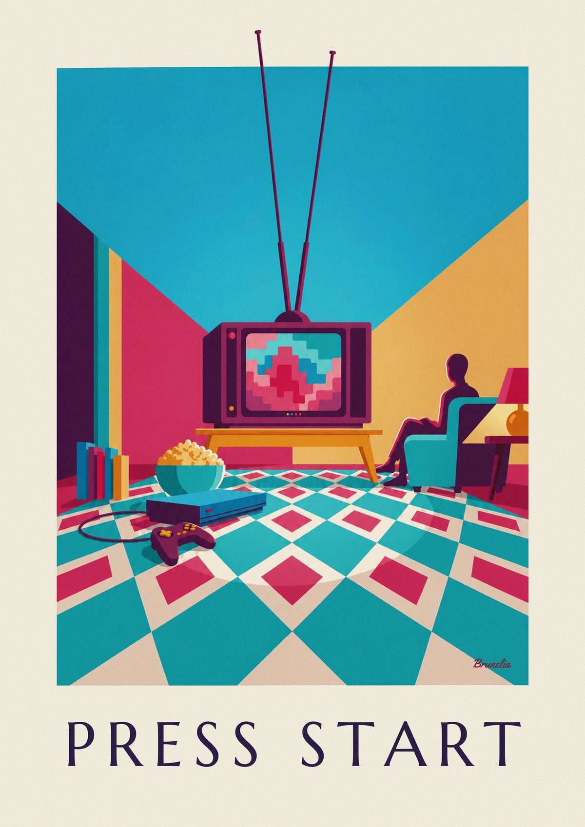 Living room with game console and TV poster