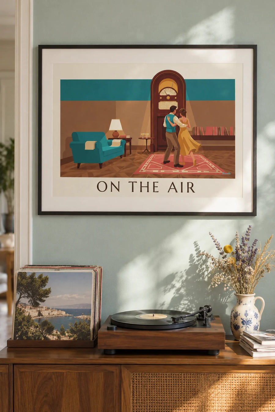 Poster of a wooden radio and a dancing couple in the living room: framed on the wall