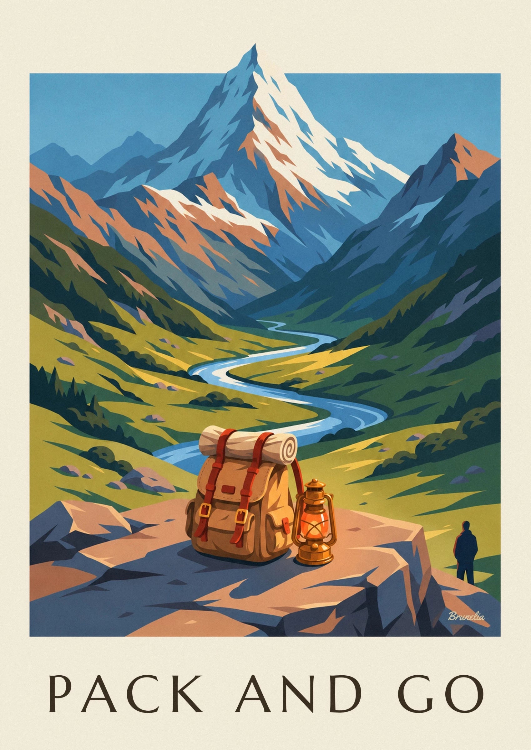 Le sac à dos ocre aux sangles rouges, avec sa couverture roulée et une lanterne
