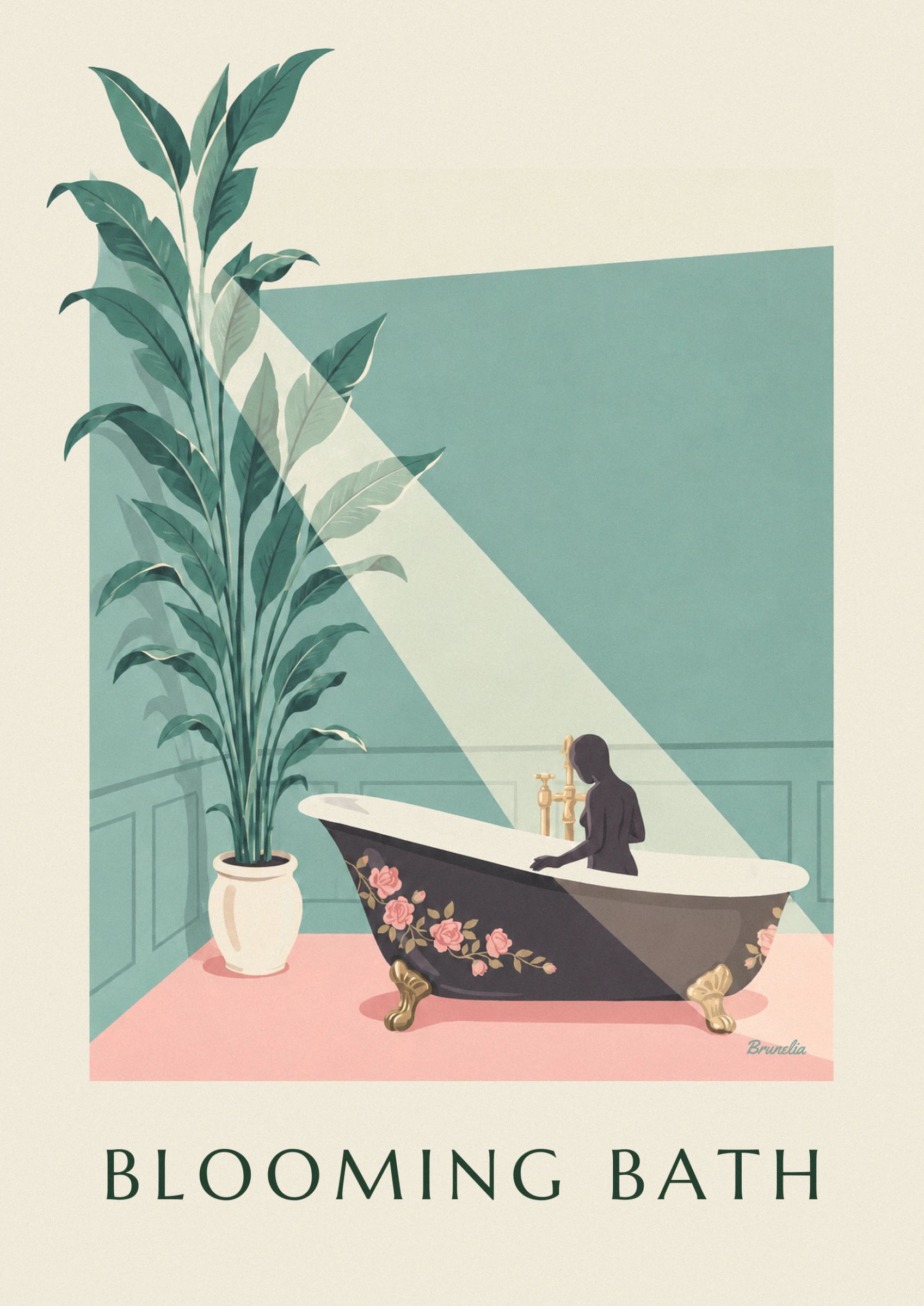 A woman seen from behind in her bath with golden feet, decorated with pink roses