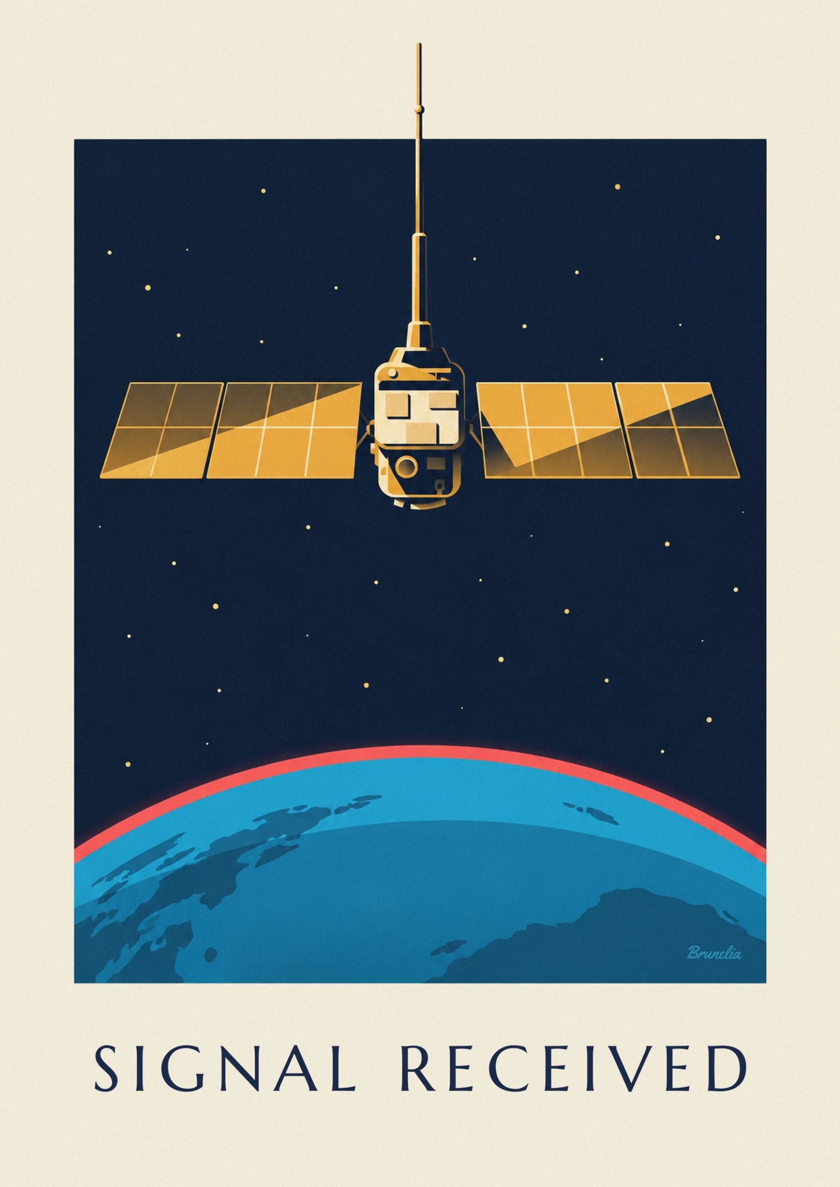 Le corps doré du satellite et ses équipements sur le fond bleu nuit de l'espace