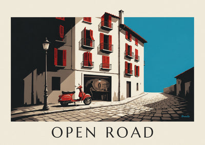 Poster of an Italian scooter in front of a city garage, in black ink: the full poster