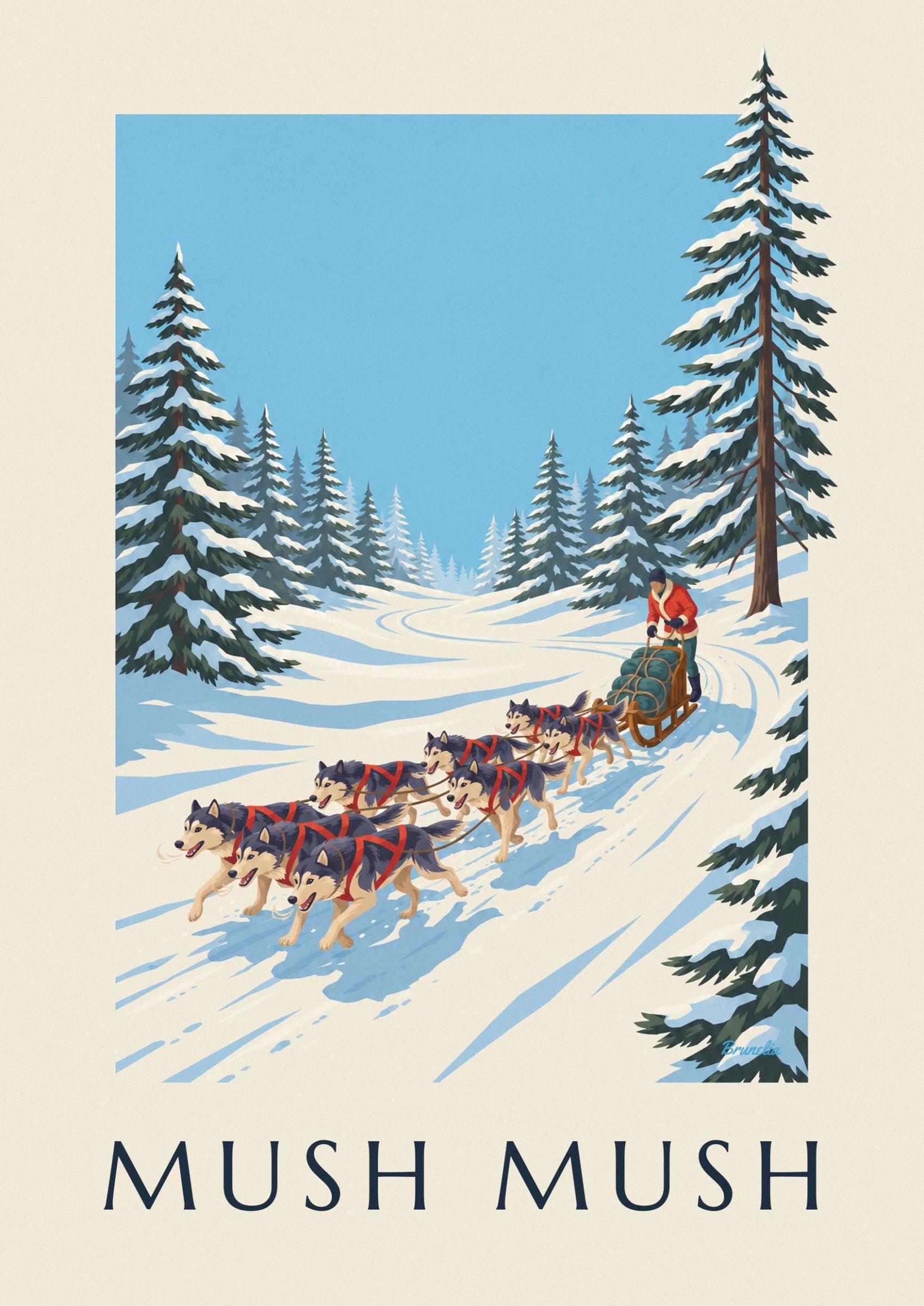 The sled dogs in red harnesses racing across the blue-tinted snow