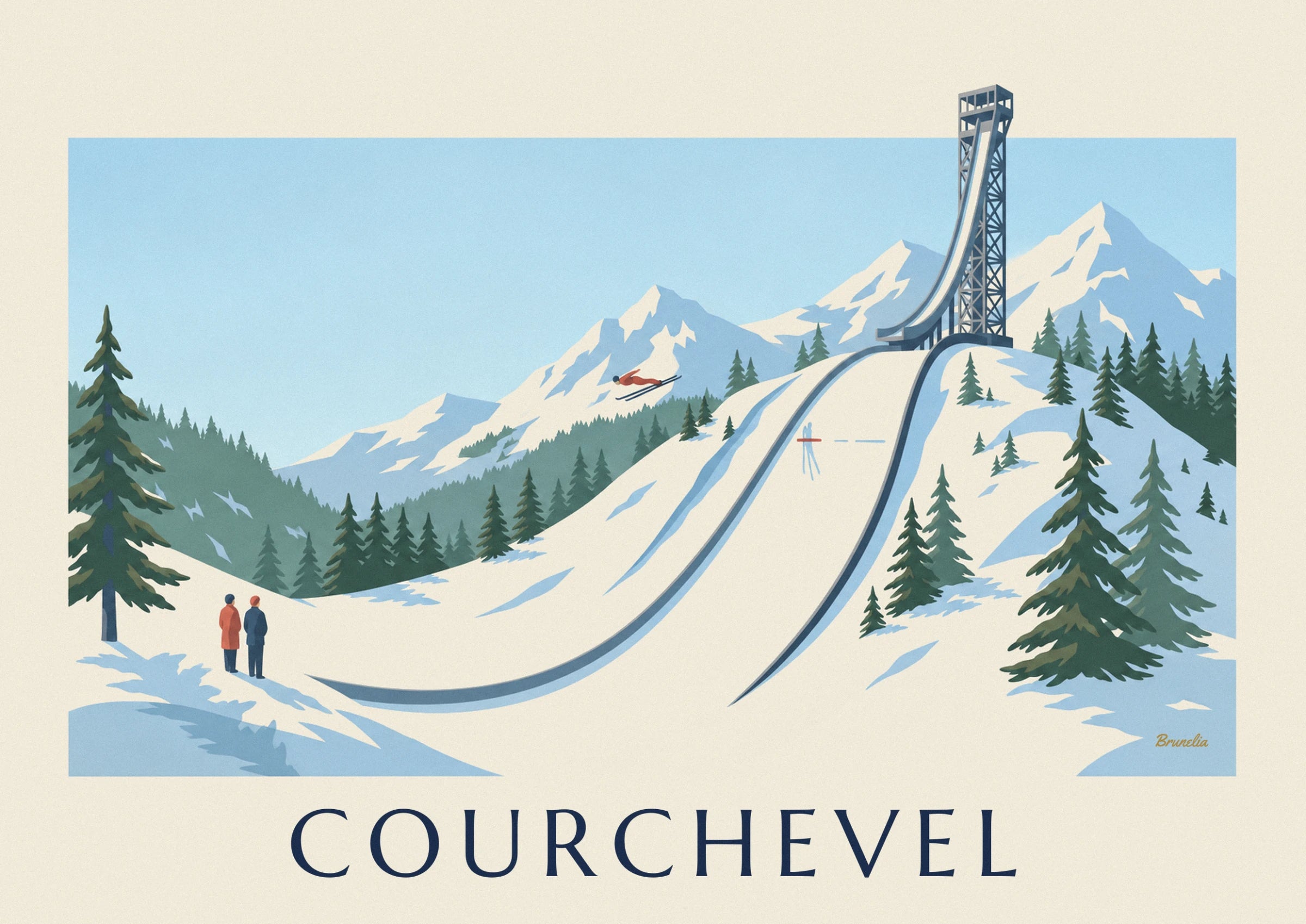 The ski jump and its tall grey tower among the snow-covered fir trees