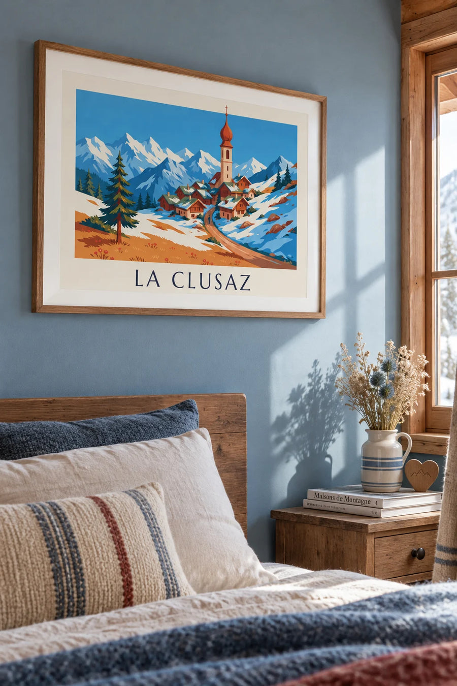 Affiche village de La Clusaz et chaîne des Aravis enneigée : encadrée au mur