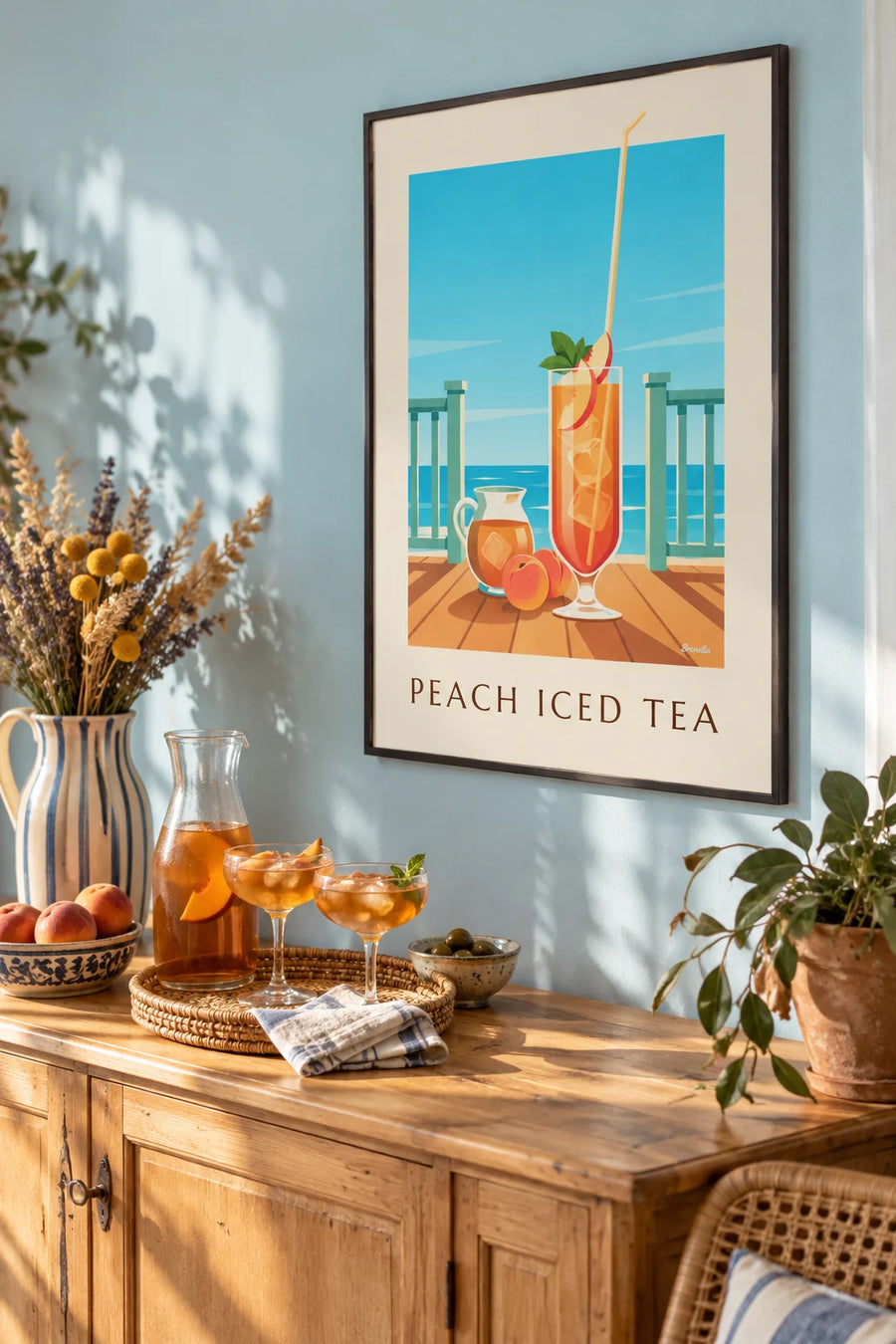 Poster of peach iced tea on a sunny porch: framed on the wall