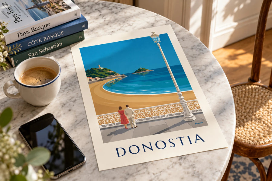 Poster van het strand La Concha in San Sebastián: op een tafel