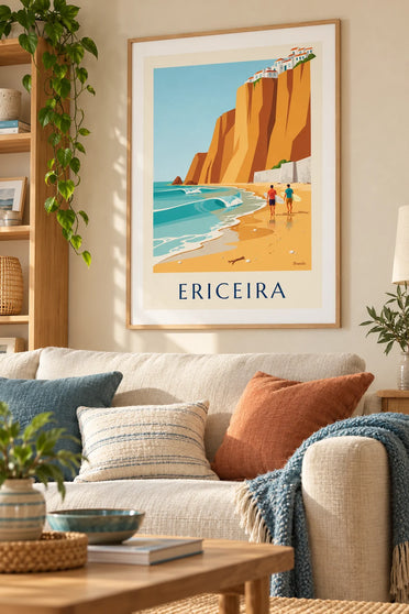 Affiche surfeurs au pied des falaises d'Ericeira : encadrée au mur