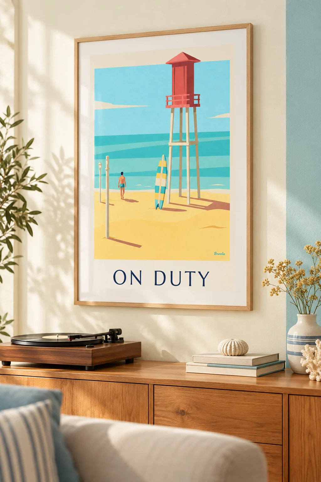 Surfboard and lifeguard tower on the beach poster on the wall