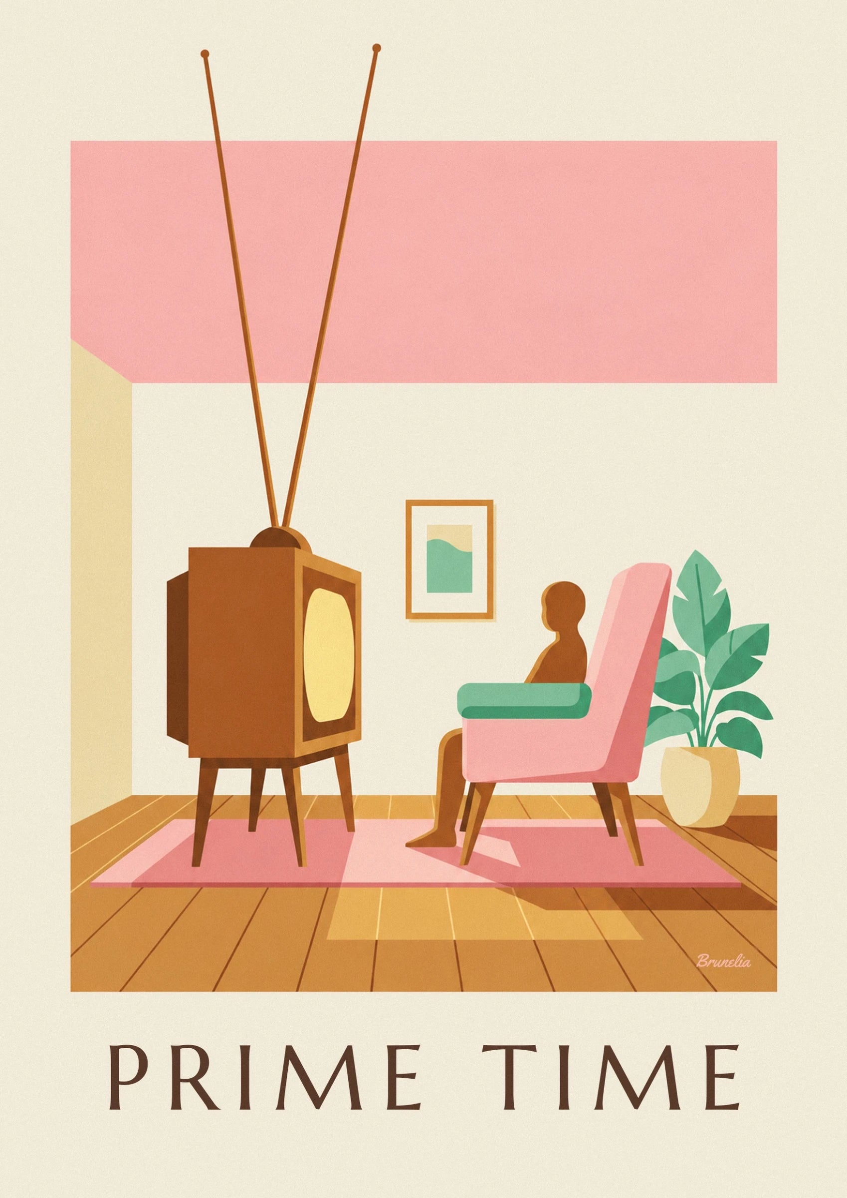 Affiche téléviseur à tube en bois dans un salon pastel : détail en gros plan