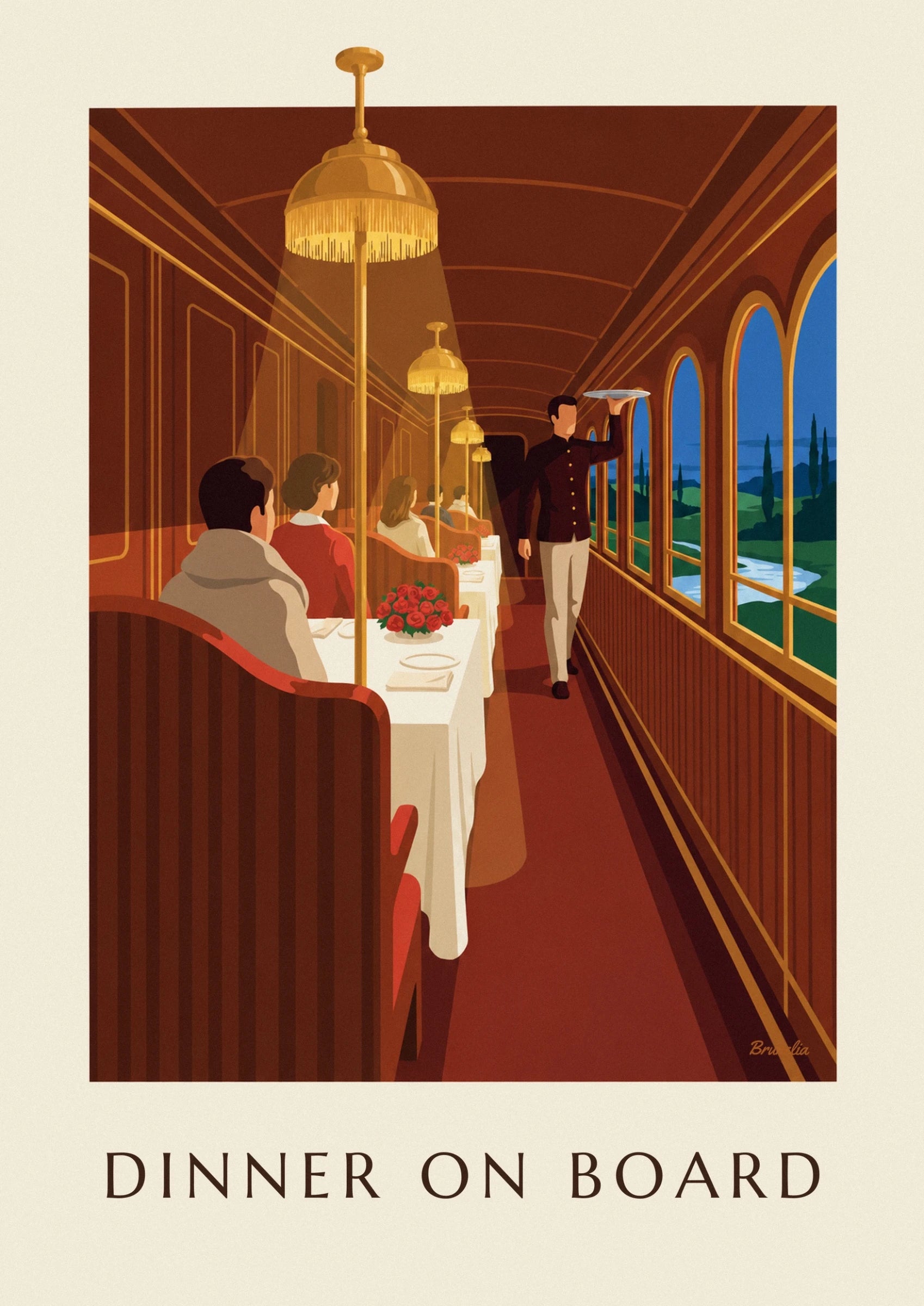 The waiter in a dark jacket, tray raised, between the tables and windows of the dining carriage
