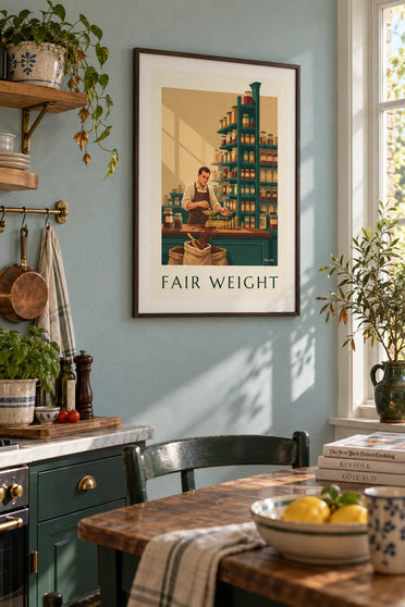 Poster of a grocer weighing coffee on a brass scale: framed on the wall