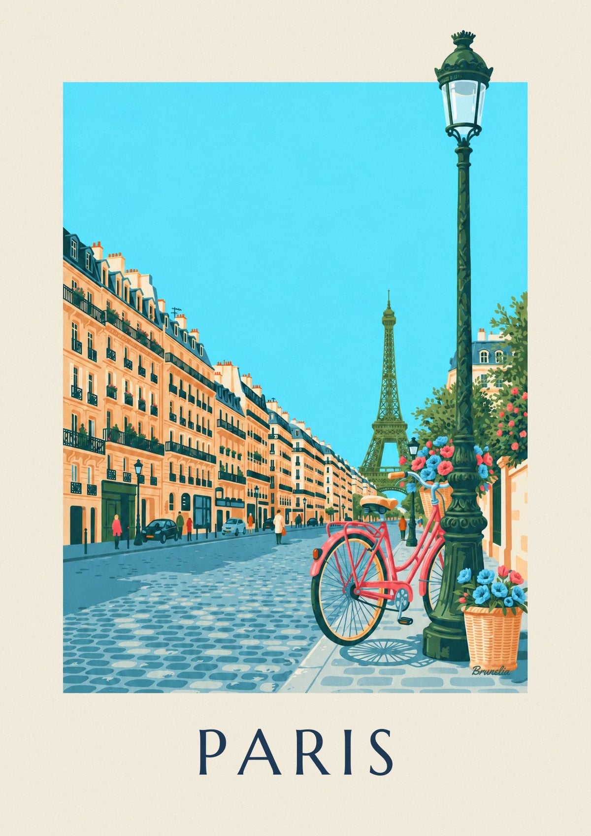 Affiche vélo à panier en osier fleuri dans une rue de Paris