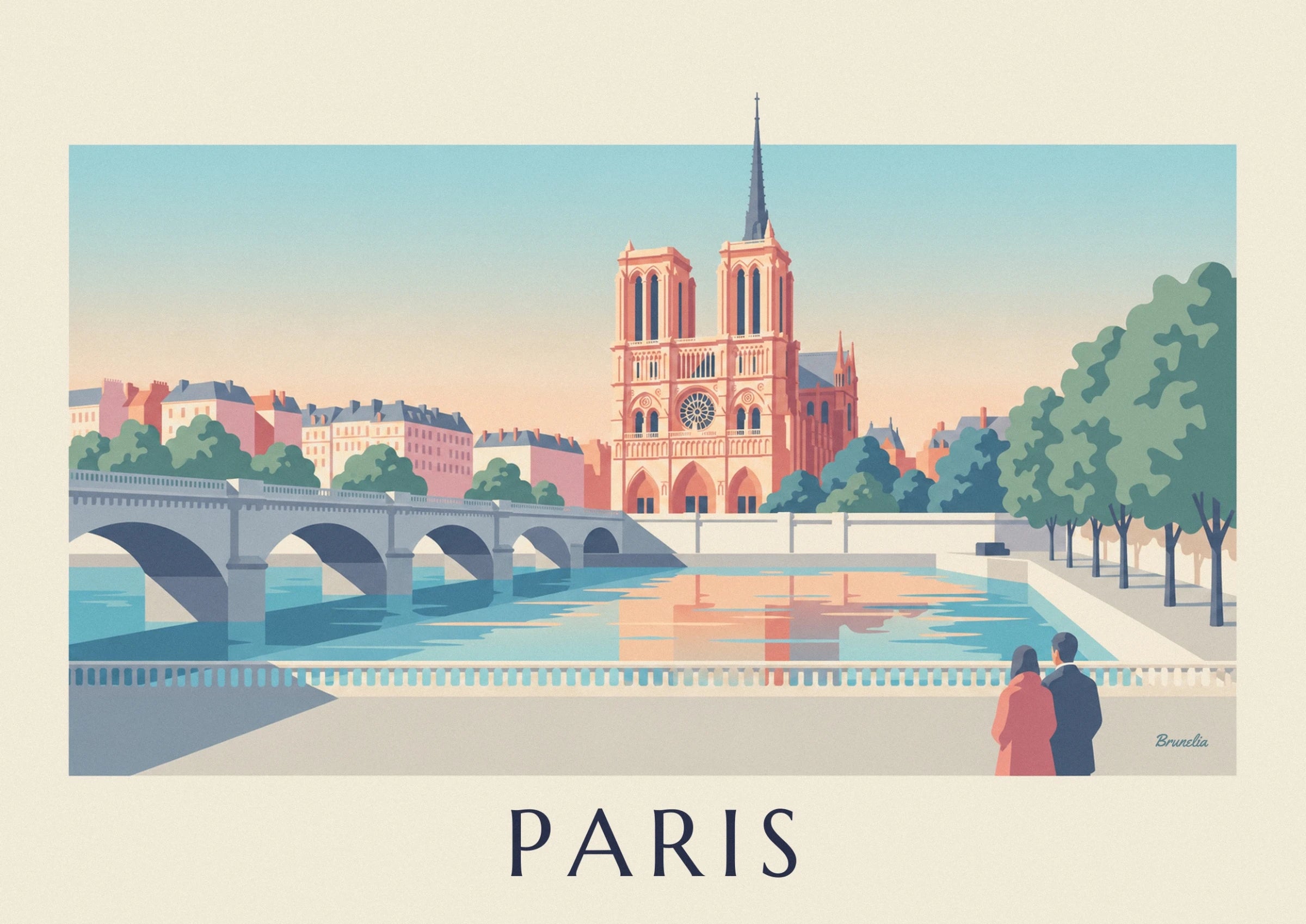 Les tours roses de Notre-Dame, sa rosace et sa flèche sur le ciel bleu
