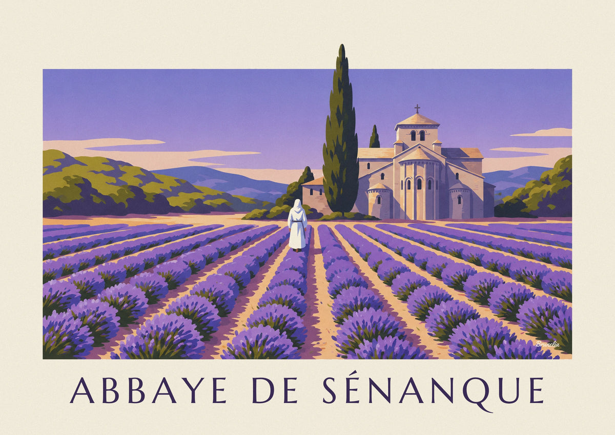 Affiche moine marchant dans la lavande de l'abbaye de Sénanque