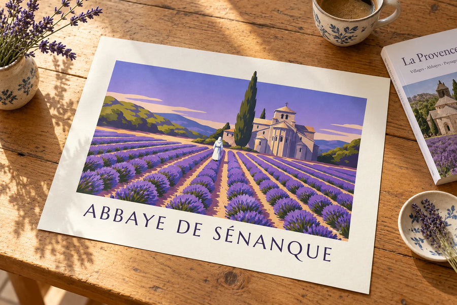 Poster monnik wandelend door de lavendel van de abdij van Sénanque: op een tafel