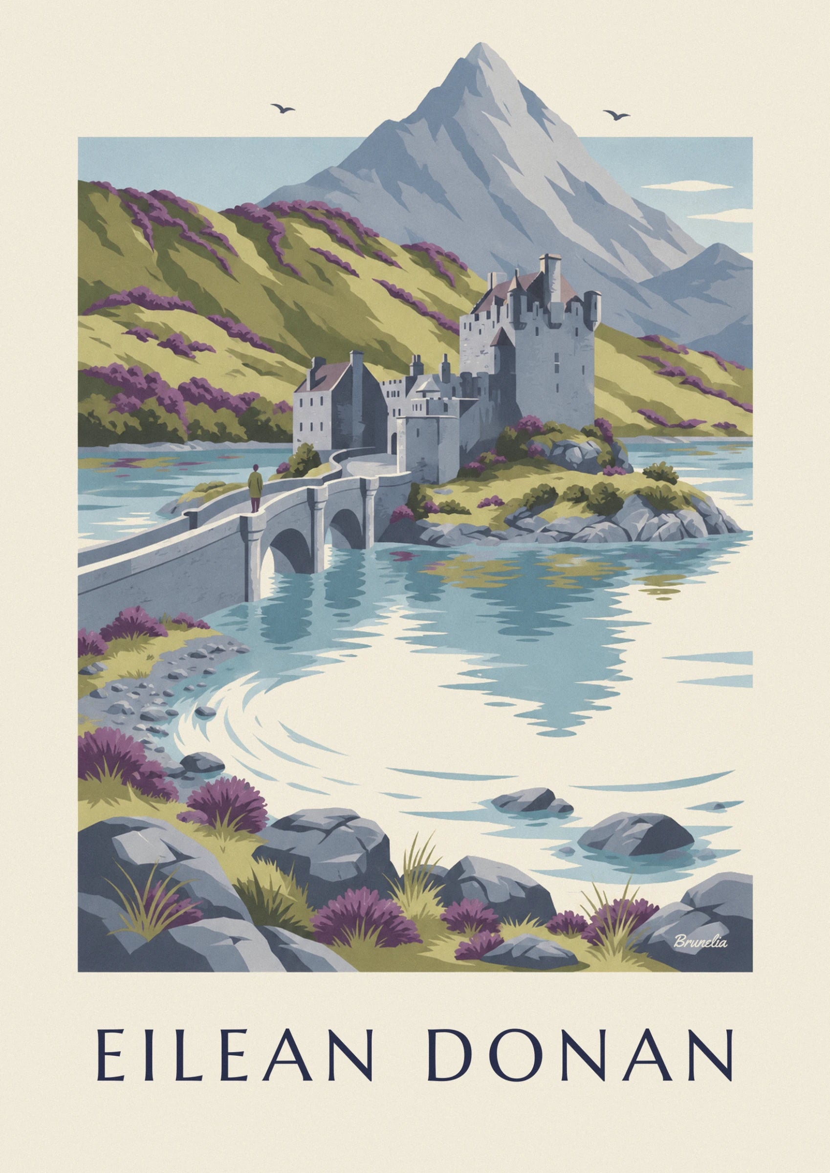 The grey stone castle and its turrets, backed by a hillside of purple heather