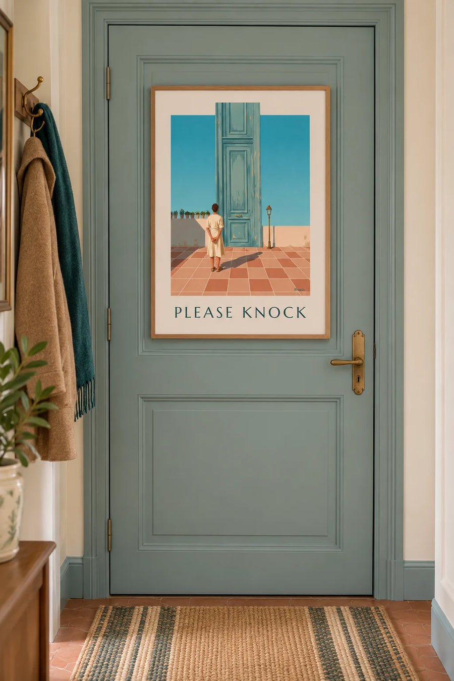 Affiche porte bleu-vert Please Knock pour les toilettes : encadrée au mur