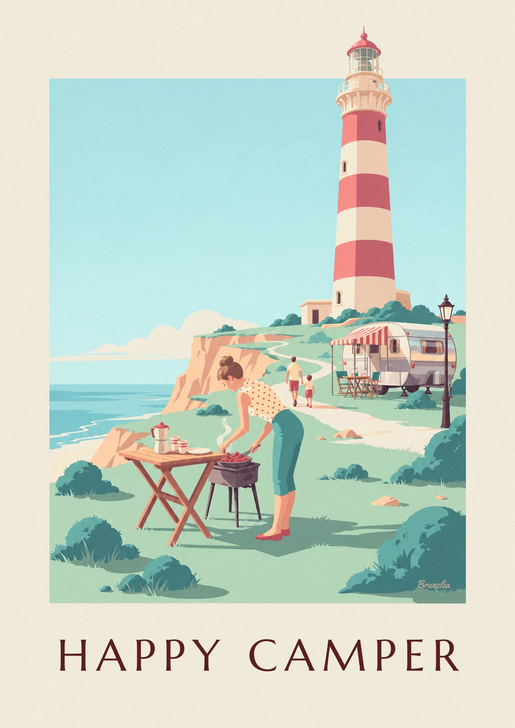 The pin-up in turquoise trousers in front of her barbecue, near the wooden table