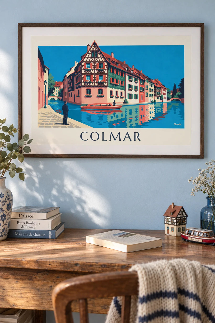 Affiche maisons à colombages au bord du canal à Colmar : encadrée au mur