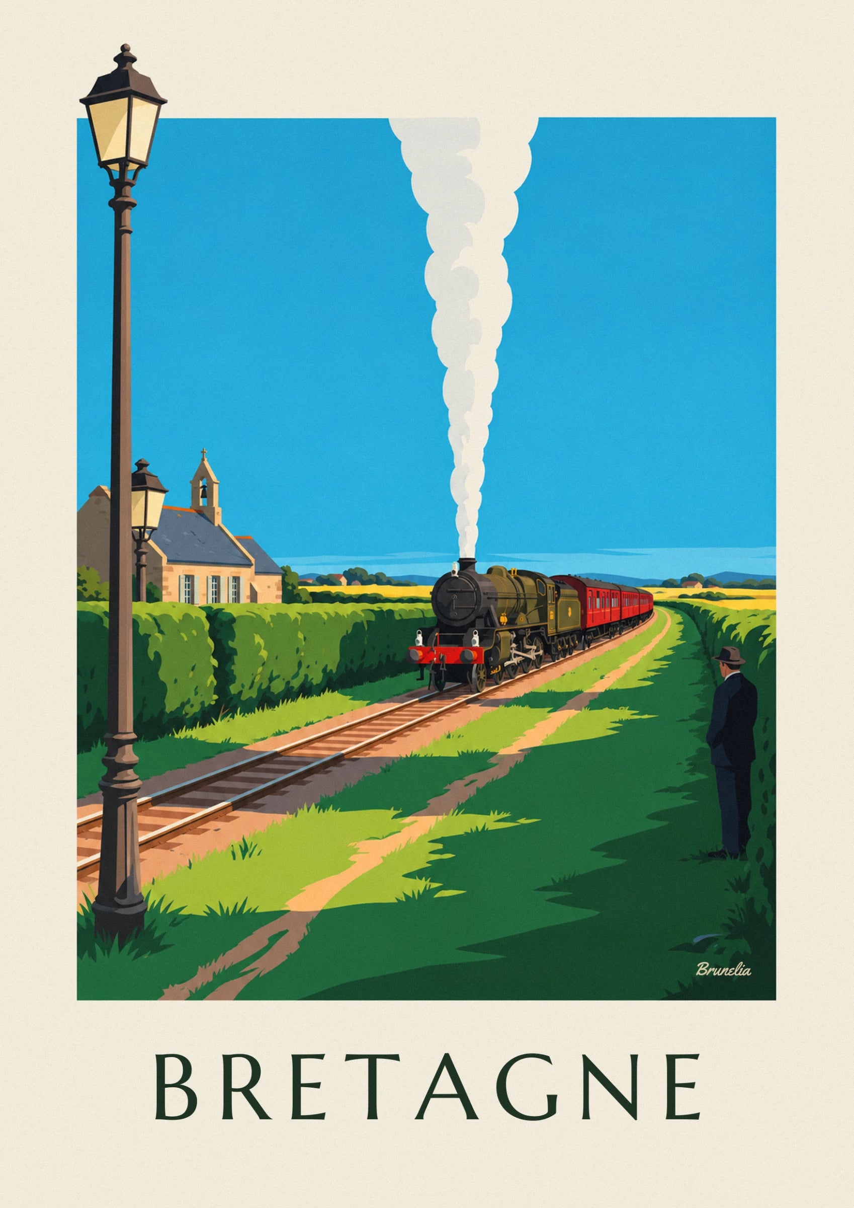 The green steam locomotive and its red carriages, with a white plume against the blue sky