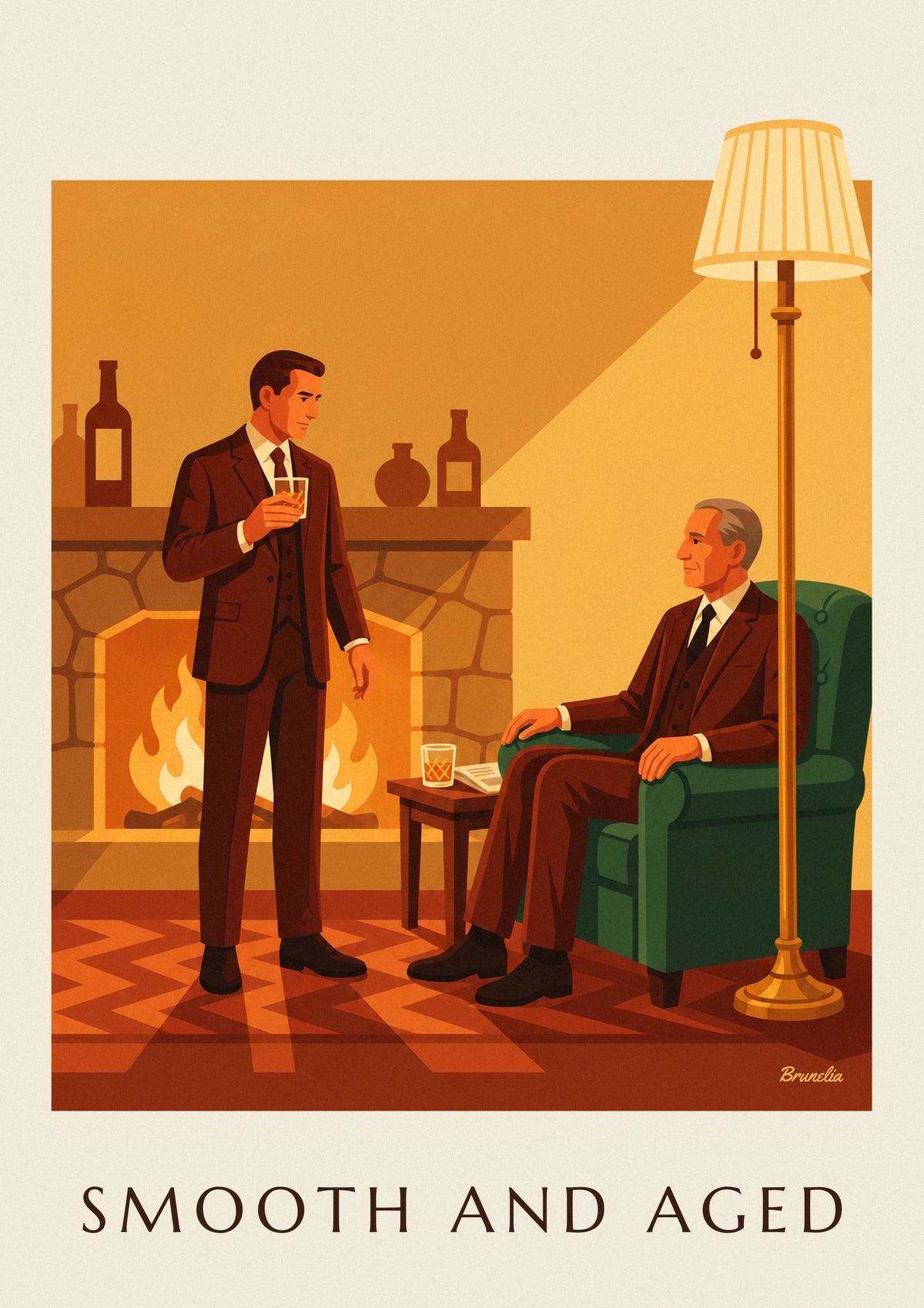 Man in a suit with whisky by the fireplace poster