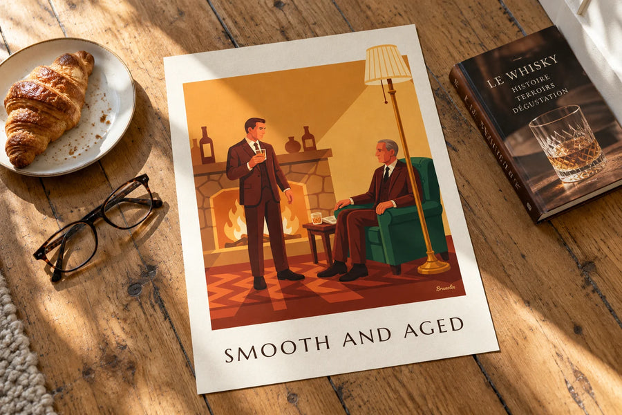 Poster whisky, man in pak bij de open haard: op een tafel